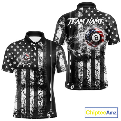 Custom Black White Cracked US Flag Billiard Shirt For Men Smoky 8 Ball Pool Team Billiard Apparel NYN5068