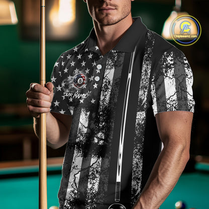 Custom Black White Cracked US Flag Billiard Shirt For Men Smoky 8 Ball Pool Team Billiard Apparel NYN5068