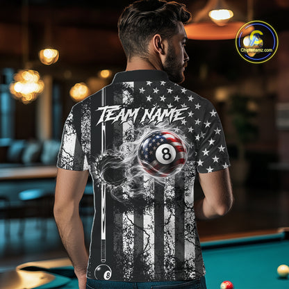 Custom Black White Cracked US Flag Billiard Shirt For Men Smoky 8 Ball Pool Team Billiard Apparel NYN5068