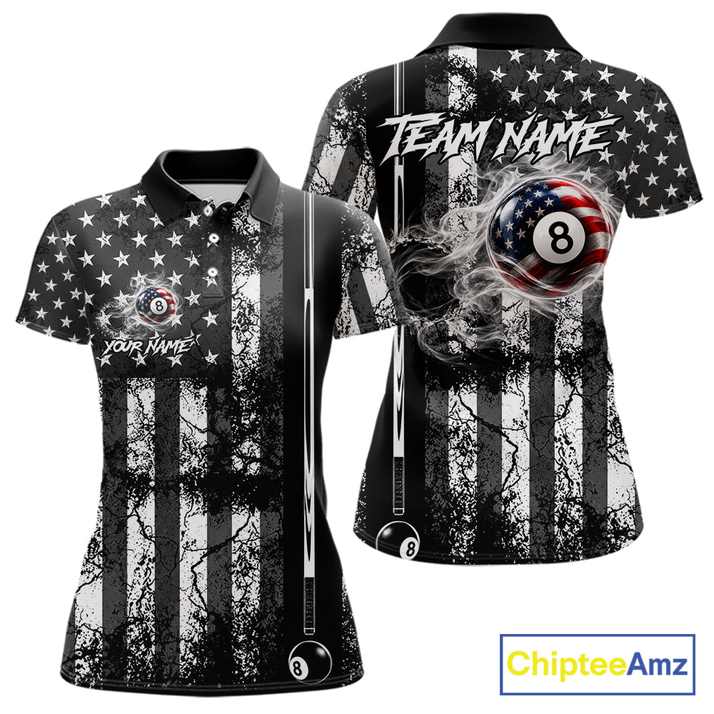 Custom Black White Cracked US Flag Billiard Shirt For Women Smoky 8 Ball Pool Team Billiard Apparel NYN5068