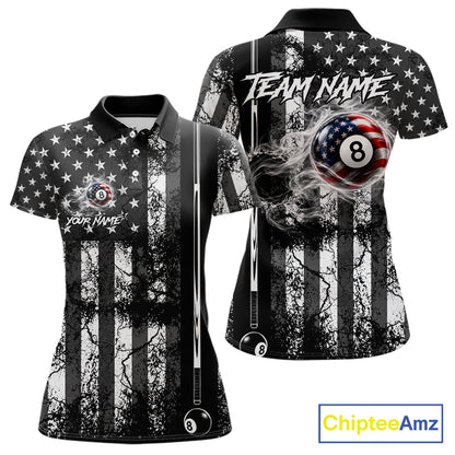 Custom Black White Cracked US Flag Billiard Shirt For Women Smoky 8 Ball Pool Team Billiard Apparel NYN5068