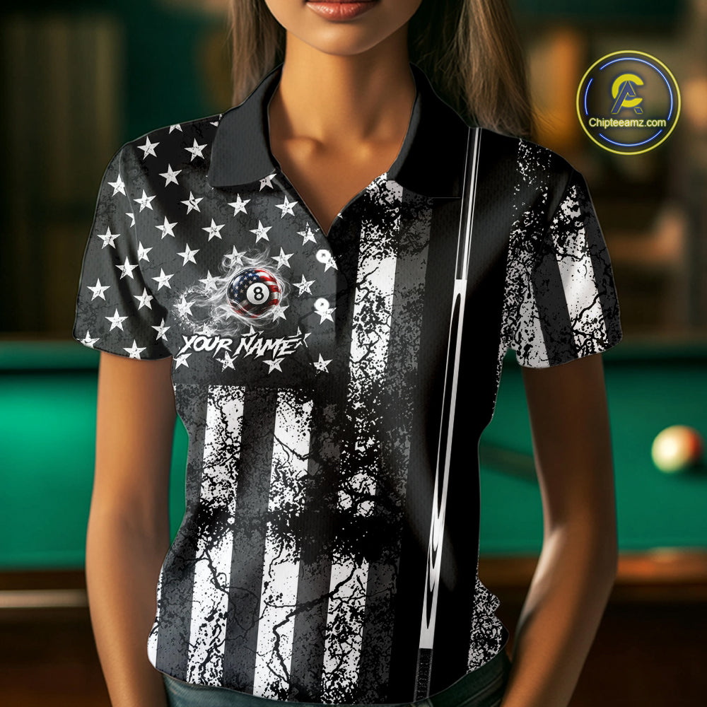 Custom Black White Cracked US Flag Billiard Shirt For Women Smoky 8 Ball Pool Team Billiard Apparel NYN5068