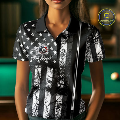Custom Black White Cracked US Flag Billiard Shirt For Women Smoky 8 Ball Pool Team Billiard Apparel NYN5068