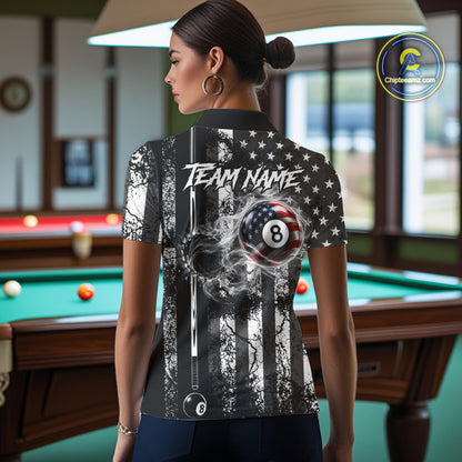 Custom Black White Cracked US Flag Billiard Shirt For Women Smoky 8 Ball Pool Team Billiard Apparel NYN5068
