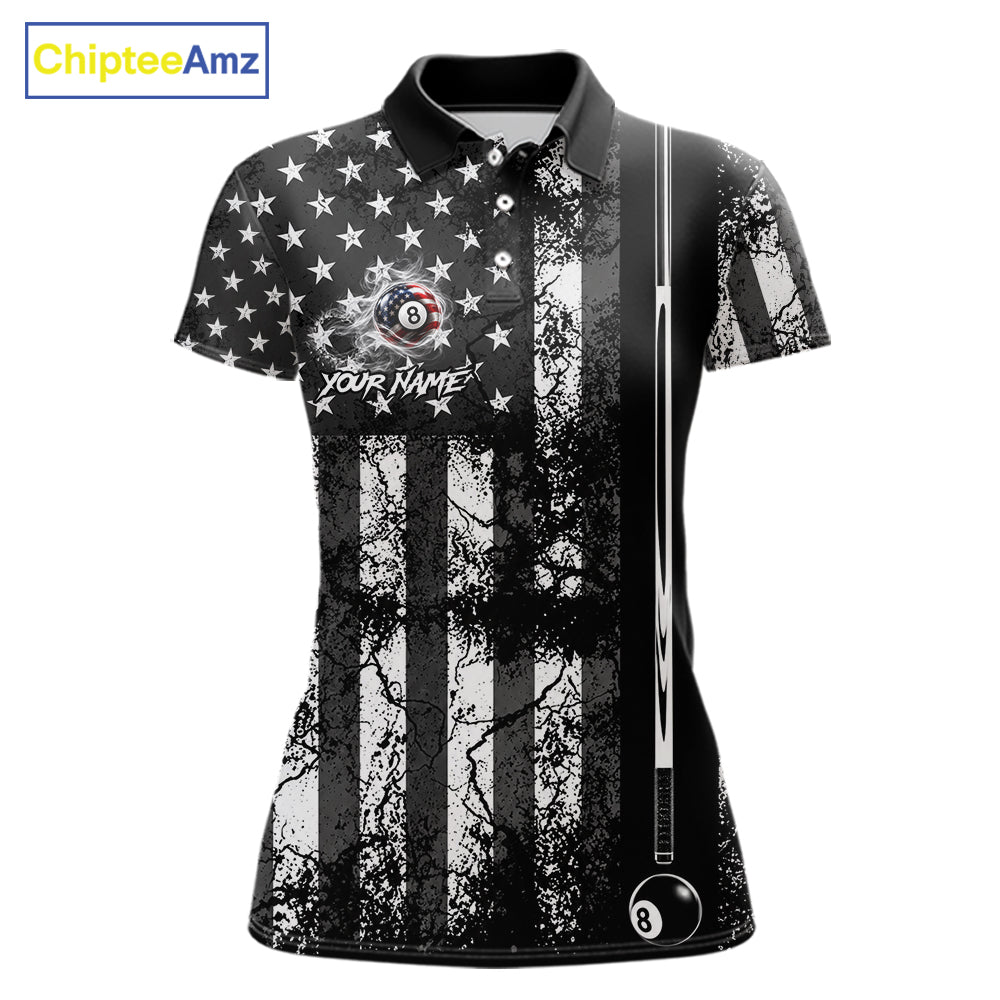 Custom Black White Cracked US Flag Billiard Shirt For Women Smoky 8 Ball Pool Team Billiard Apparel NYN5068