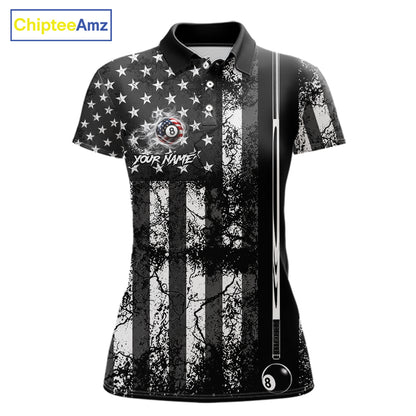 Custom Black White Cracked US Flag Billiard Shirt For Women Smoky 8 Ball Pool Team Billiard Apparel NYN5068