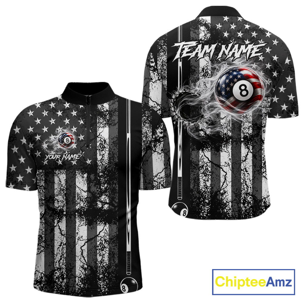 Custom Black White Cracked US Flag Billiard Shirt For Men Smoky 8 Ball Pool Team Billiard Apparel NYN5068