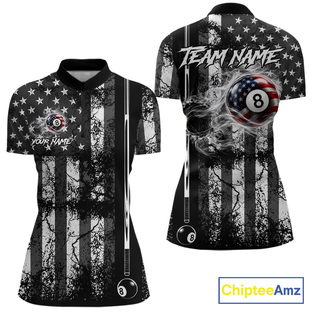 Custom Black White Cracked US Flag Billiard Shirt For Women Smoky 8 Ball Pool Team Billiard Apparel NYN5068