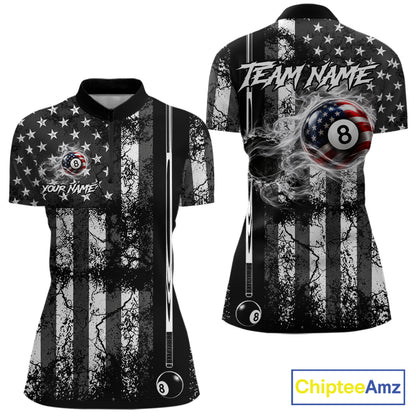 Custom Black White Cracked US Flag Billiard Shirt For Women Smoky 8 Ball Pool Team Billiard Apparel NYN5068