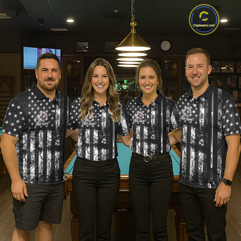 Custom Black White Cracked US Flag Billiard Shirt For Men Smoky 8 Ball Pool Team Billiard Apparel NYN5068