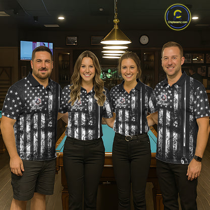 Custom Black White Cracked US Flag Billiard Shirt For Men Smoky 8 Ball Pool Team Billiard Apparel NYN5068