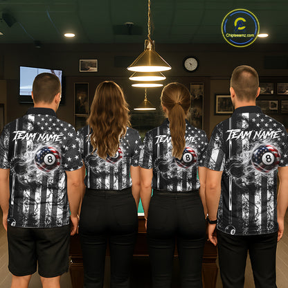 Custom Black White Cracked US Flag Billiard Shirt For Men Smoky 8 Ball Pool Team Billiard Apparel NYN5068