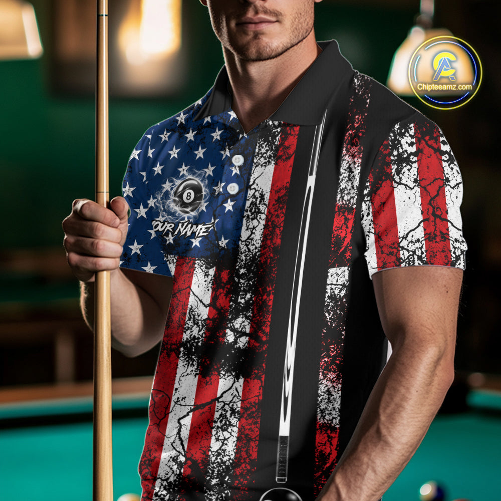 Custom Cracked US Flag Billiard Shirt For Men White Smoky 8 Ball Pool Team Billiard Apparel NYN5069