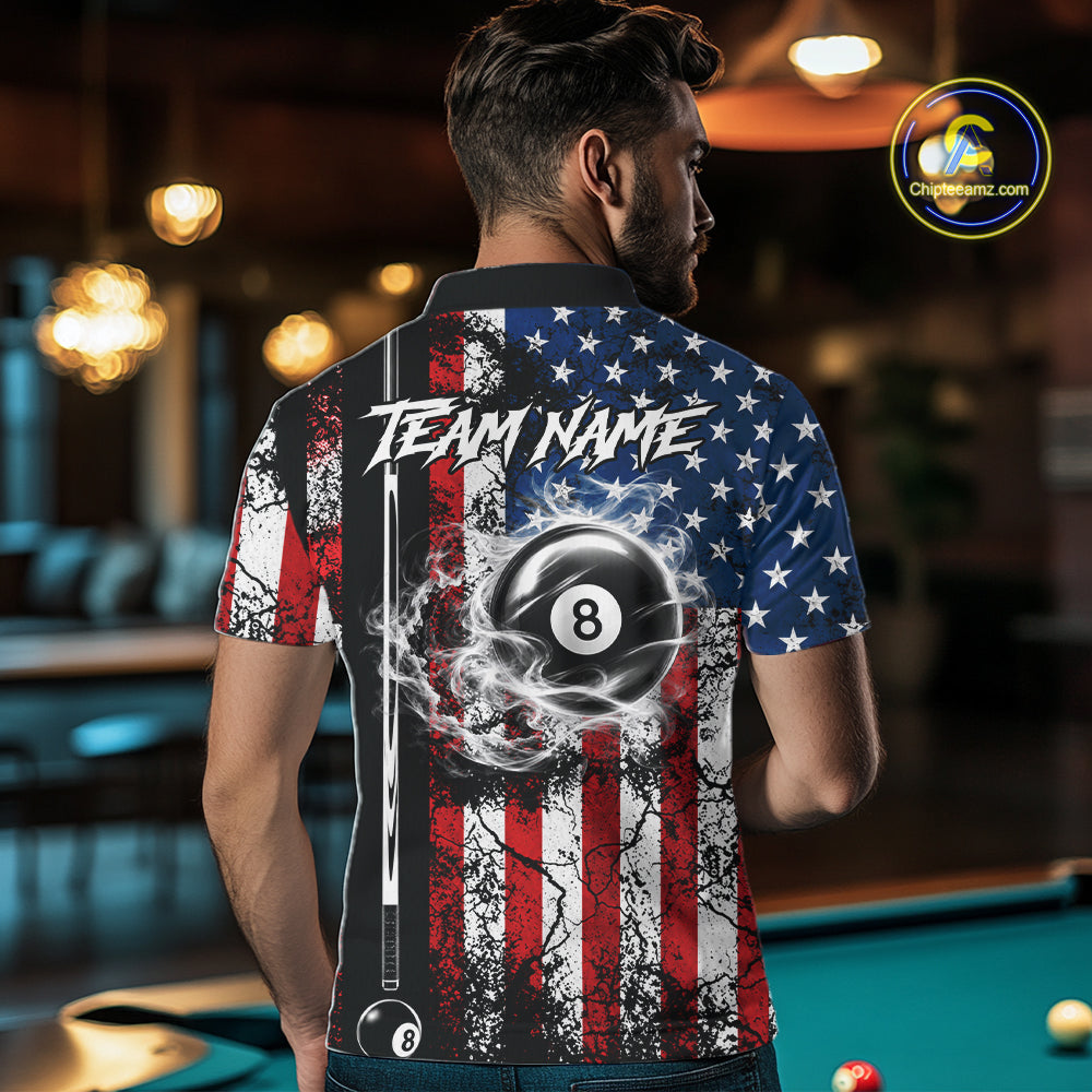 Custom Cracked US Flag Billiard Shirt For Men White Smoky 8 Ball Pool Team Billiard Apparel NYN5069