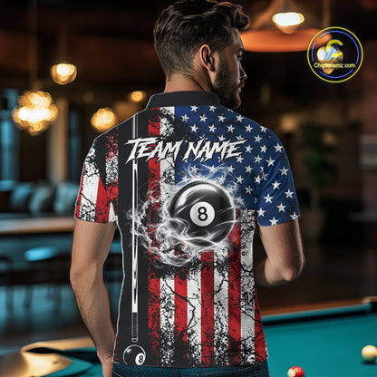 Custom Cracked US Flag Billiard Shirt For Men White Smoky 8 Ball Pool Team Billiard Apparel NYN5069