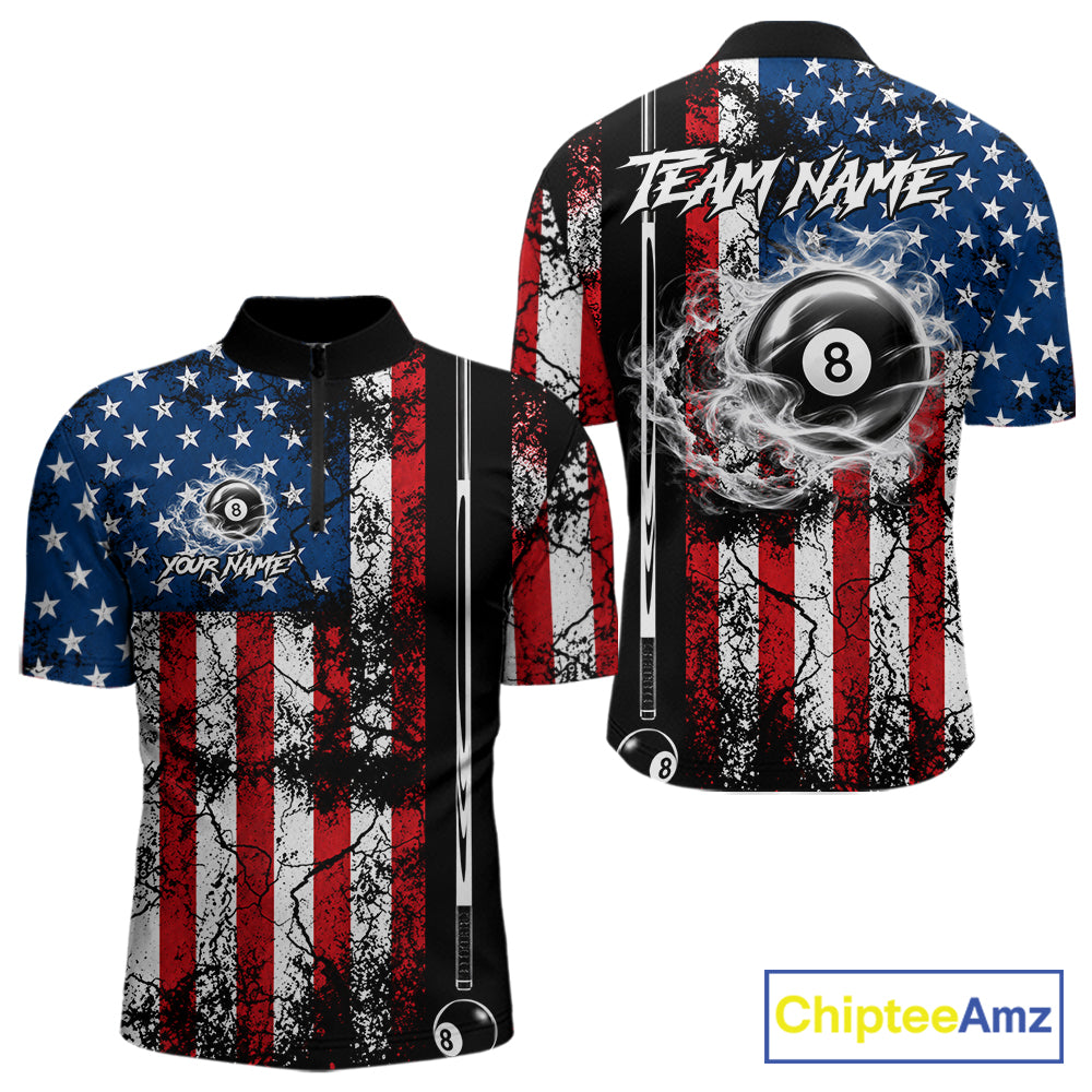 Custom Cracked US Flag Billiard Shirt For Men White Smoky 8 Ball Pool Team Billiard Apparel NYN5069