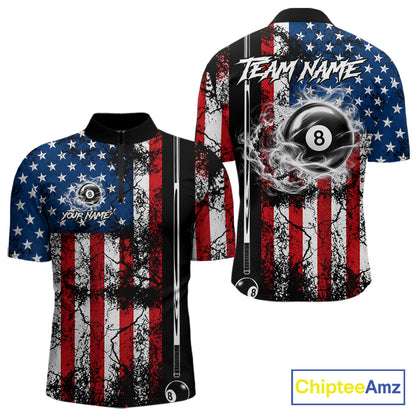 Custom Cracked US Flag Billiard Shirt For Men White Smoky 8 Ball Pool Team Billiard Apparel NYN5069