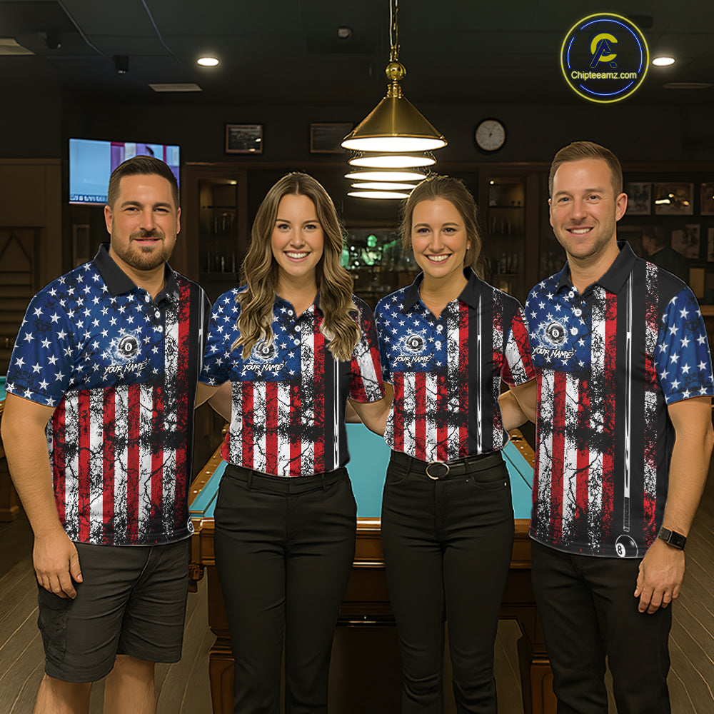 Custom Cracked US Flag Billiard Shirt For Men White Smoky 8 Ball Pool Team Billiard Apparel NYN5069