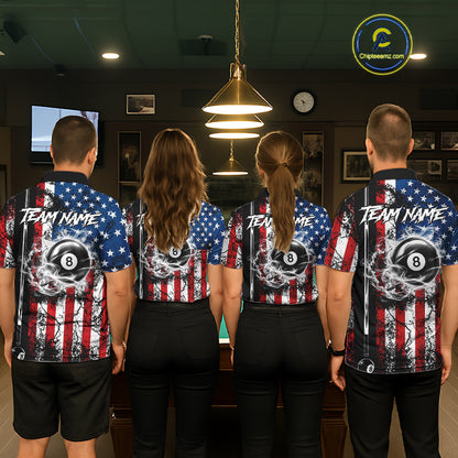 Custom Cracked US Flag Billiard Shirt For Men White Smoky 8 Ball Pool Team Billiard Apparel NYN5069