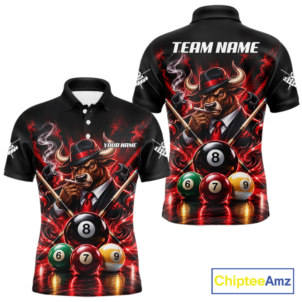 Custom Mafia Bull Pool Polo 1/4 Zip For Men Personalized Gangster Bull 8 Ball Pool Team Billiard Jersey NYN5078