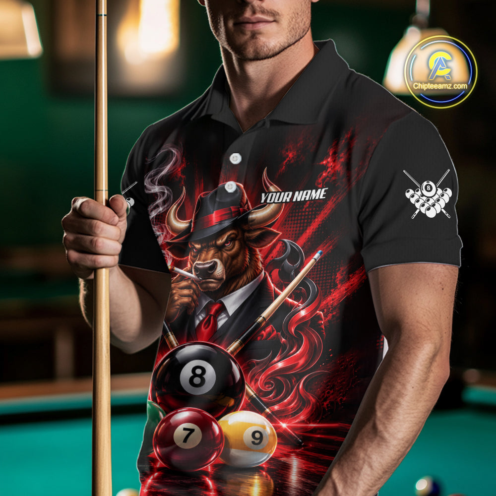 Custom Mafia Bull Pool Polo 1/4 Zip For Men Personalized Gangster Bull 8 Ball Pool Team Billiard Jersey NYN5078
