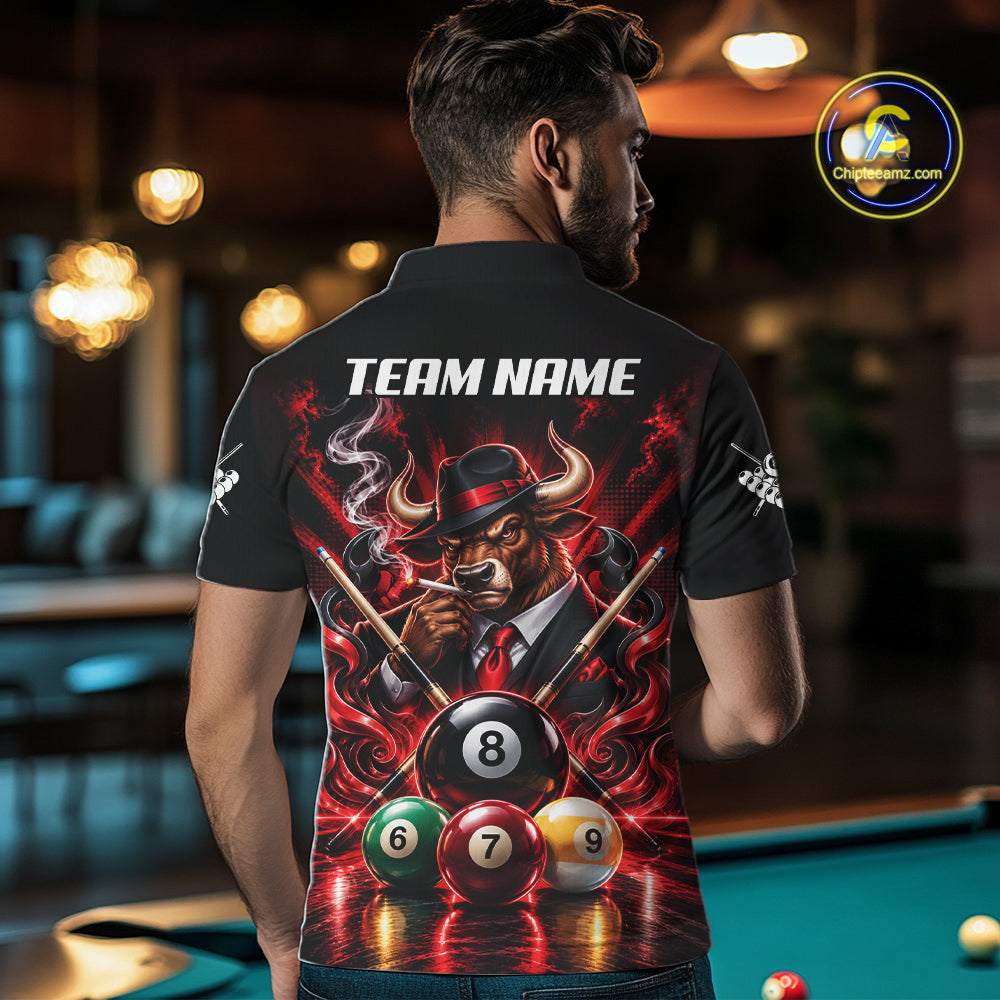 Custom Mafia Bull Pool Polo 1/4 Zip For Men Personalized Gangster Bull 8 Ball Pool Team Billiard Jersey NYN5078
