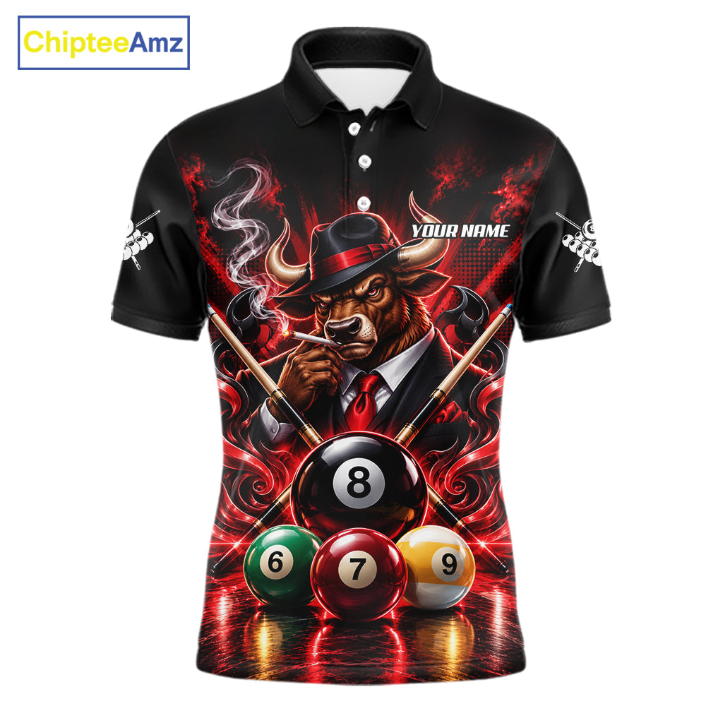 Custom Mafia Bull Pool Polo 1/4 Zip For Men Personalized Gangster Bull 8 Ball Pool Team Billiard Jersey NYN5078
