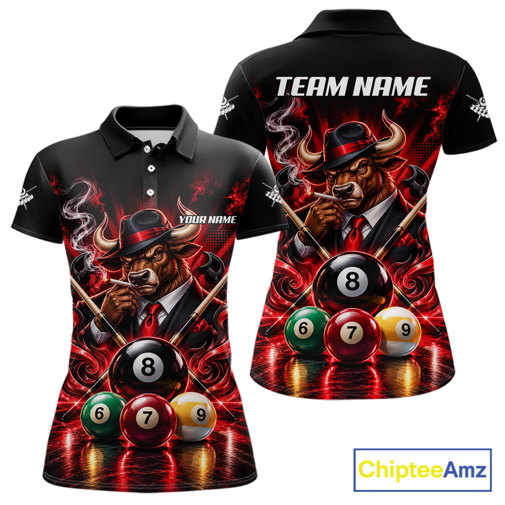 Custom Mafia Bull Pool Polo 1/4 Zip For Women Personalized Gangster Bull 8 Ball Pool Team Billiard Jersey NYN5078