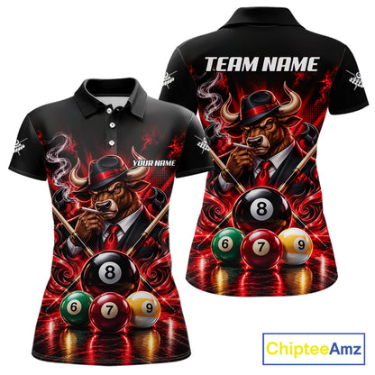 Custom Mafia Bull Pool Polo 1/4 Zip For Women Personalized Gangster Bull 8 Ball Pool Team Billiard Jersey NYN5078