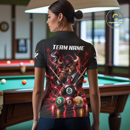 Custom Mafia Bull Pool Polo 1/4 Zip For Women Personalized Gangster Bull 8 Ball Pool Team Billiard Jersey NYN5078