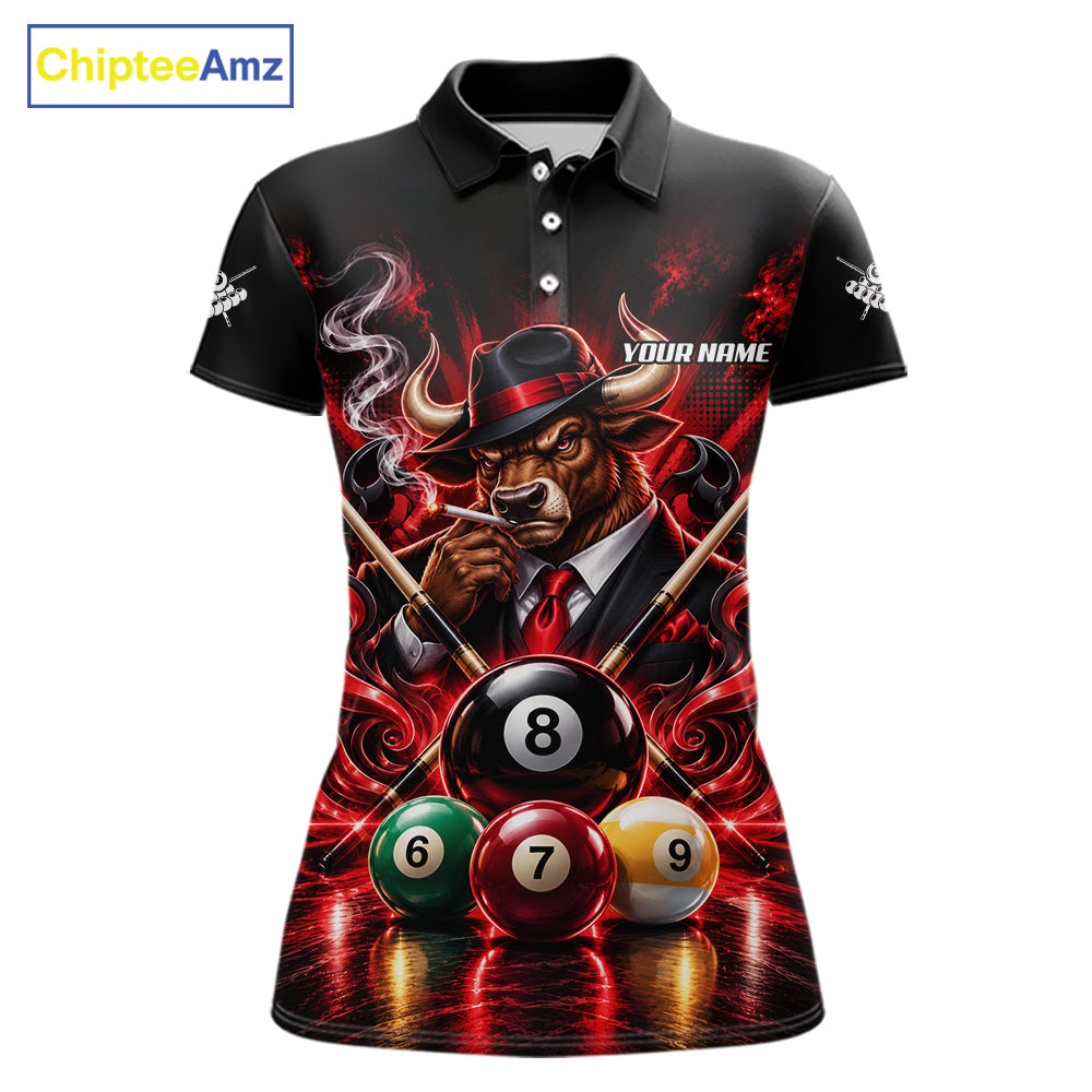Custom Mafia Bull Pool Polo 1/4 Zip For Women Personalized Gangster Bull 8 Ball Pool Team Billiard Jersey NYN5078