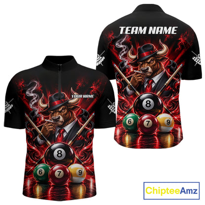 Custom Mafia Bull Pool Polo 1/4 Zip For Men Personalized Gangster Bull 8 Ball Pool Team Billiard Jersey NYN5078