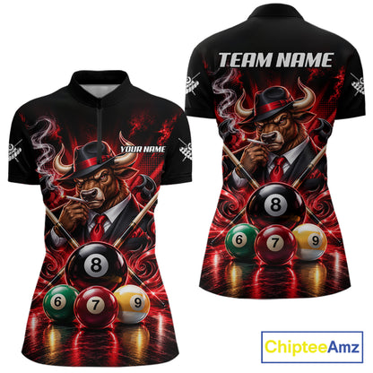 Custom Mafia Bull Pool Polo 1/4 Zip For Women Personalized Gangster Bull 8 Ball Pool Team Billiard Jersey NYN5078
