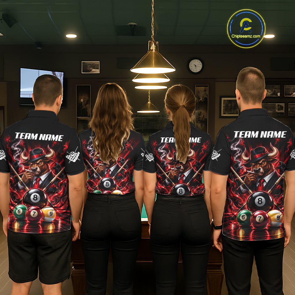 Custom Mafia Bull Pool Polo 1/4 Zip For Men Personalized Gangster Bull 8 Ball Pool Team Billiard Jersey NYN5078