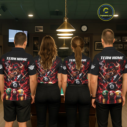 Custom Mafia Bull Pool Polo 1/4 Zip For Men Personalized Gangster Bull 8 Ball Pool Team Billiard Jersey NYN5078