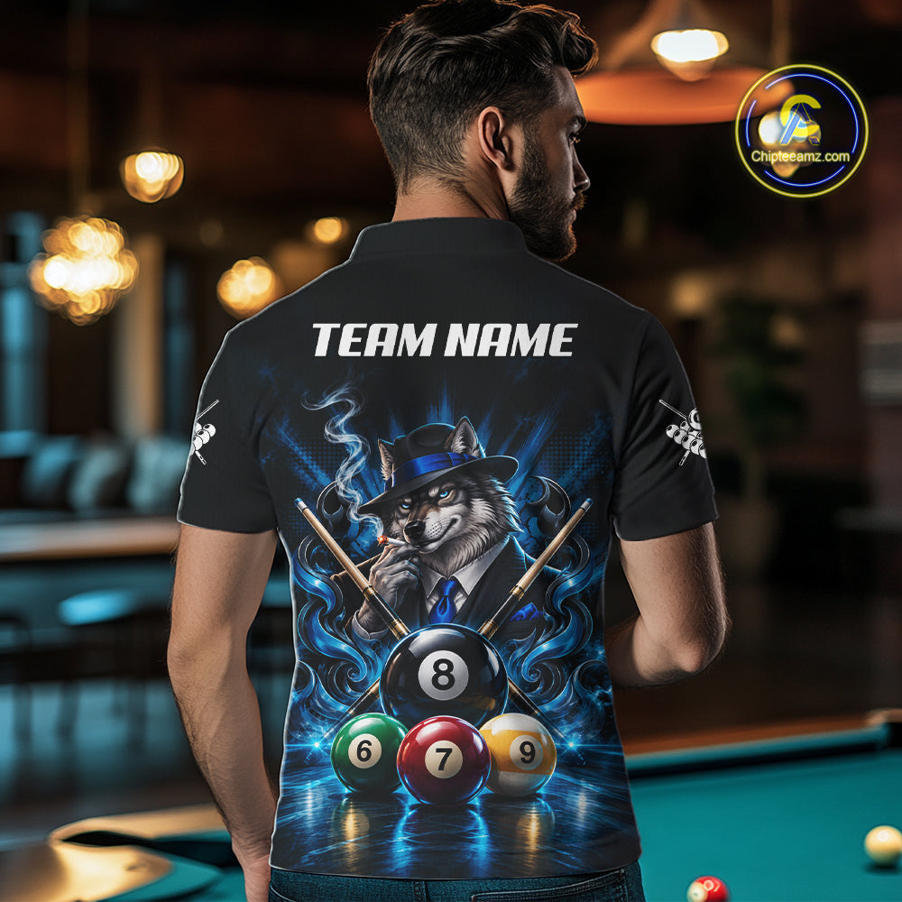 Custom Mafia Wolf Pool Polo 1/4 Zip For Men Personalized Gangster Wolf 8 Ball Pool Team Billiard Jersey NYN5079