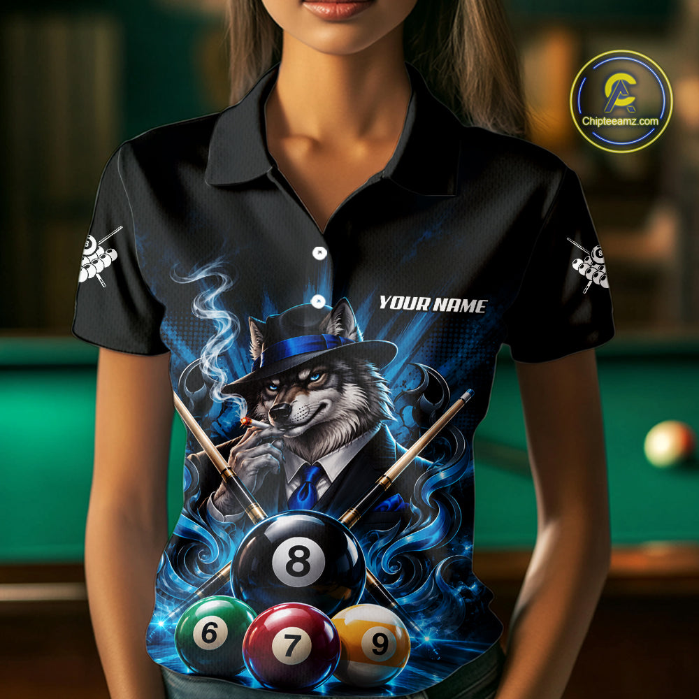Custom Mafia Wolf Pool Polo 1/4 Zip For Women Personalized Gangster Wolf 8 Ball Pool Team Billiard Jersey NYN5079