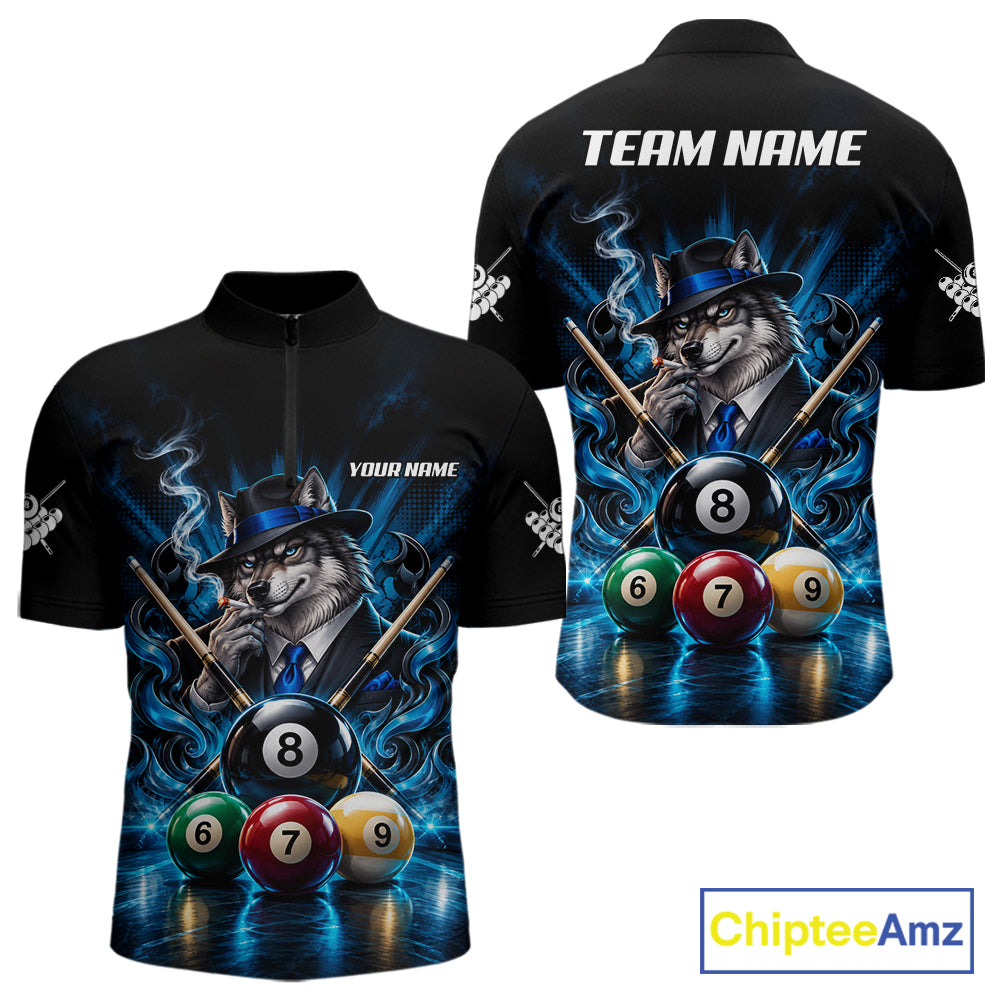 Custom Mafia Wolf Pool Polo 1/4 Zip For Men Personalized Gangster Wolf 8 Ball Pool Team Billiard Jersey NYN5079