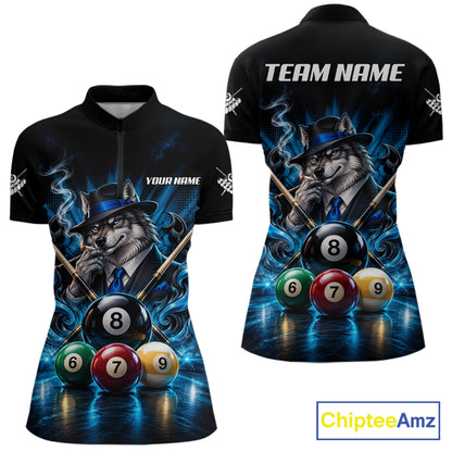 Custom Mafia Wolf Pool Polo 1/4 Zip For Women Personalized Gangster Wolf 8 Ball Pool Team Billiard Jersey NYN5079