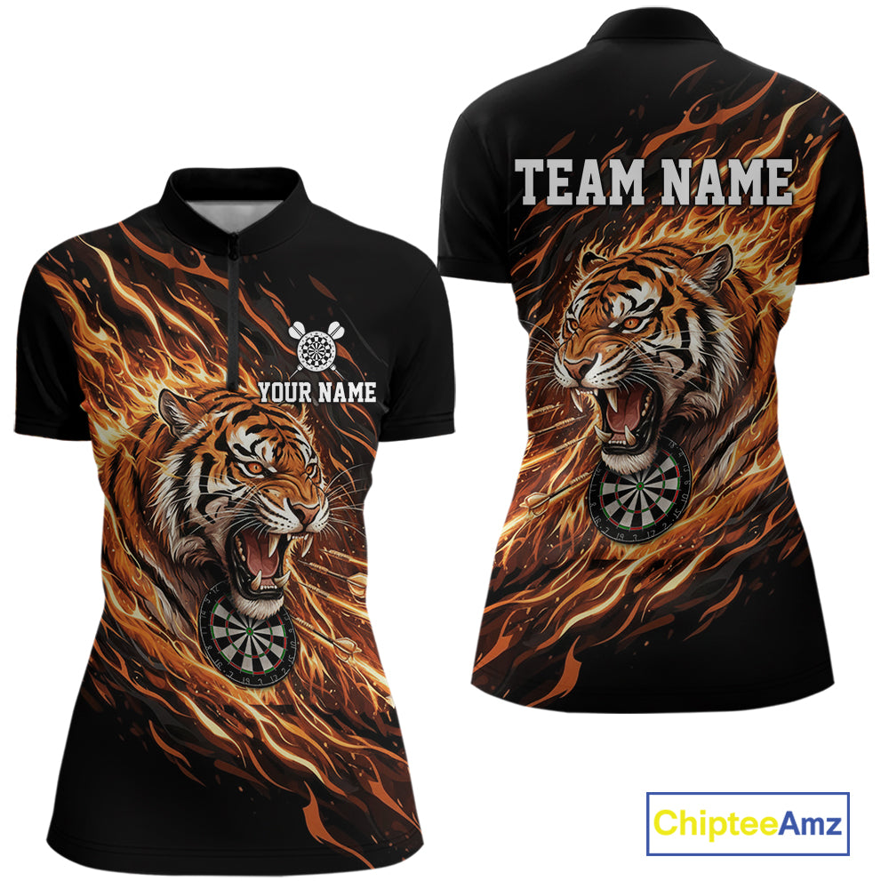 Orange Flaming Tiger Funny Darts Custom Women's Dart Quarter-Zip Shirts Team Dart League Jerseys NYN2076