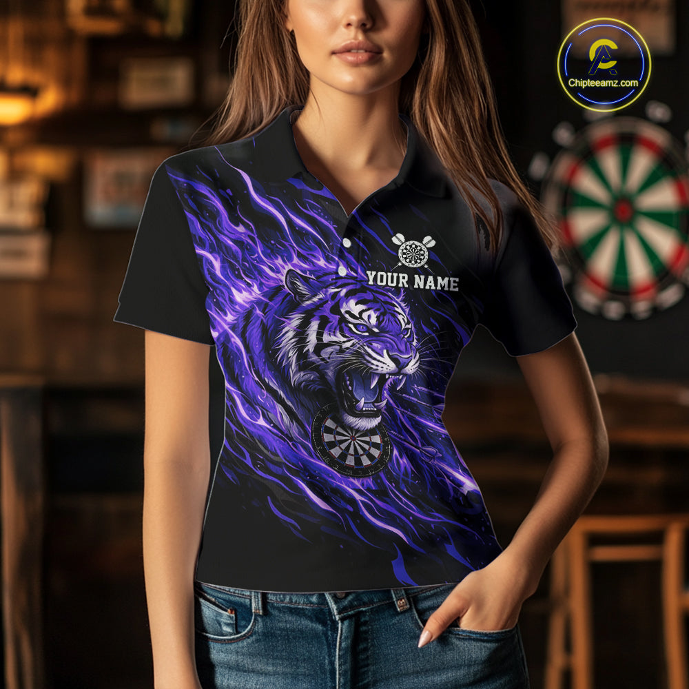 Purple Flaming Tiger Funny Darts Custom Women's Dart Polo Shirts Team Dart League Jerseys NYN2077