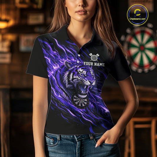 Purple Flaming Tiger Funny Darts Custom Women's Dart Polo Shirts Team Dart League Jerseys NYN2077