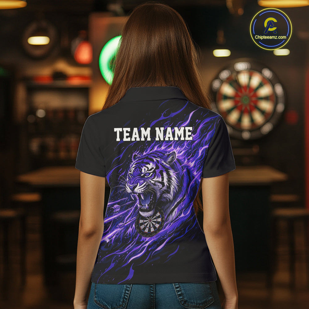 Purple Flaming Tiger Funny Darts Custom Women's Dart Polo Shirts Team Dart League Jerseys NYN2077