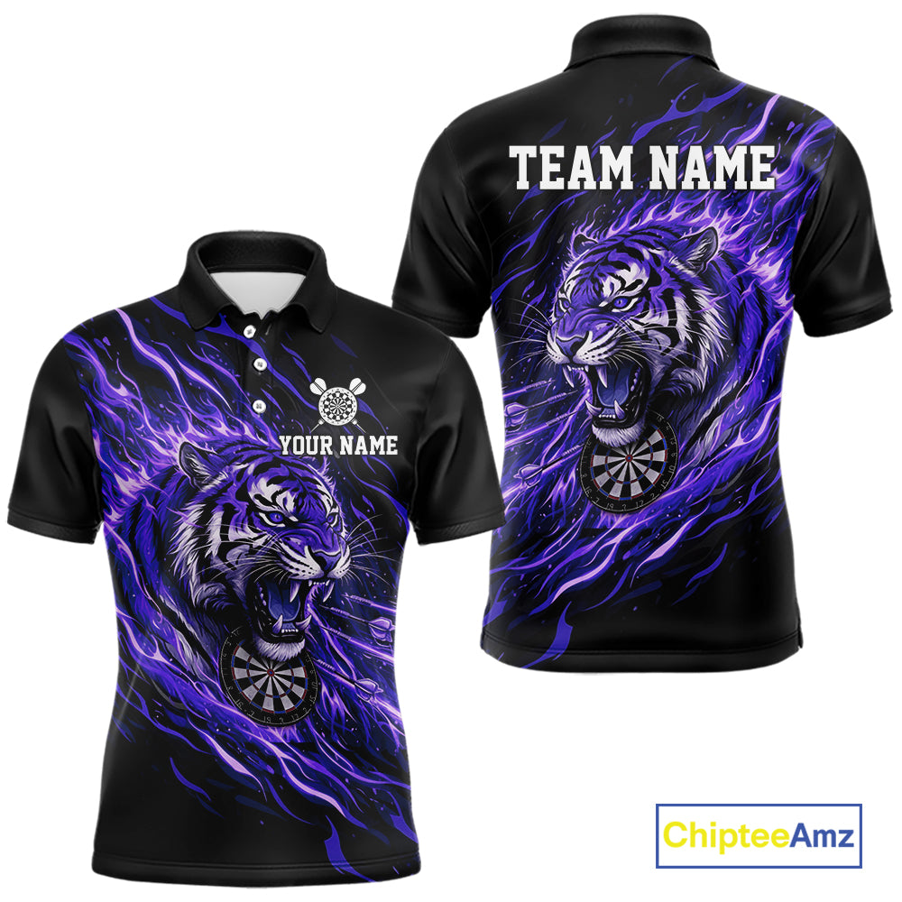 Purple Flaming Tiger Funny Darts Custom Men's Dart Polo Shirts Team Dart League Jerseys NYN2077