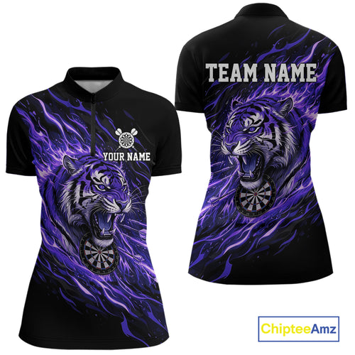Purple Flaming Tiger Funny Darts Custom Women's Dart Quarter-Zip Shirts Team Dart League Jerseys NYN2077