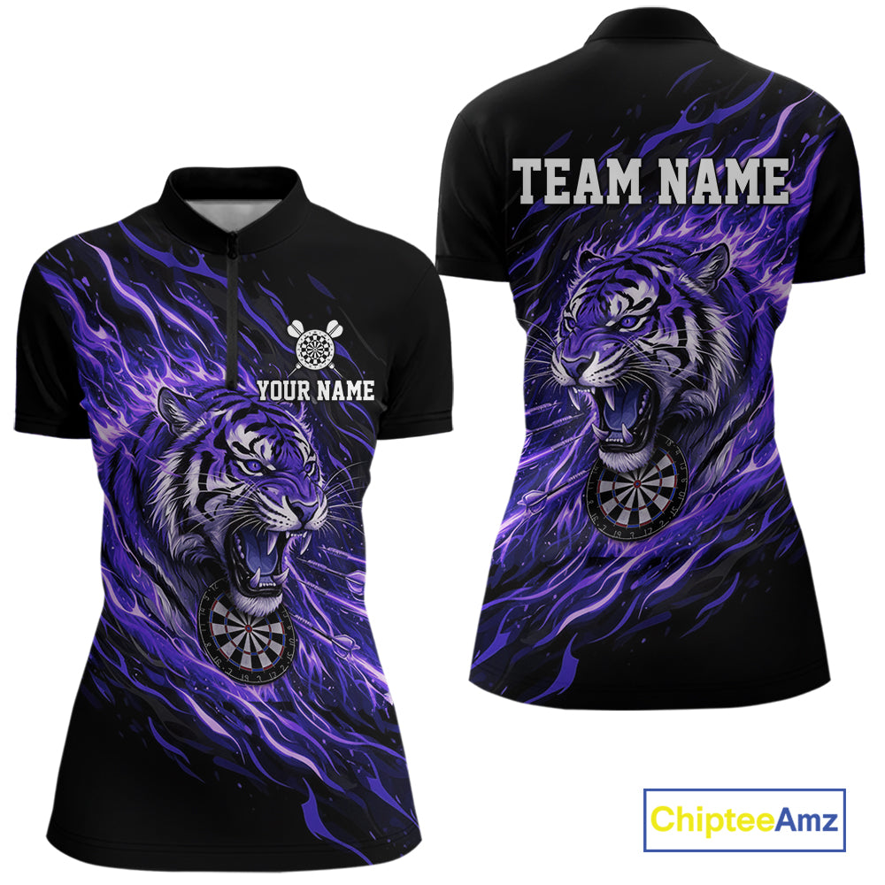 Purple Flaming Tiger Funny Darts Custom Women's Dart Quarter-Zip Shirts Team Dart League Jerseys NYN2077