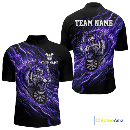 Purple Flaming Tiger Funny Darts Custom Men's Dart Quarter-Zip Shirts Team Dart League Jerseys NYN2077