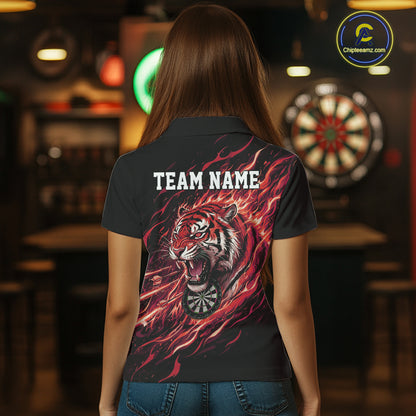 Red Flaming Tiger Funny Darts Custom Women's Dart Polo Shirts Team Dart League Jerseys NYN2078
