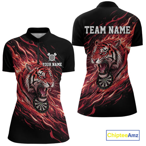 Red Flaming Tiger Funny Darts Custom Women's Dart Quarter-Zip Shirts Team Dart League Jerseys NYN2078