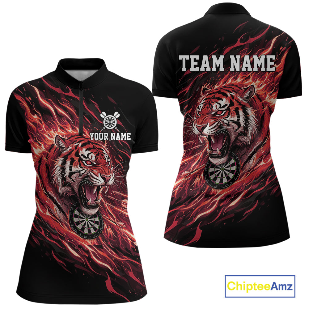 Red Flaming Tiger Funny Darts Custom Women's Dart Quarter-Zip Shirts Team Dart League Jerseys NYN2078